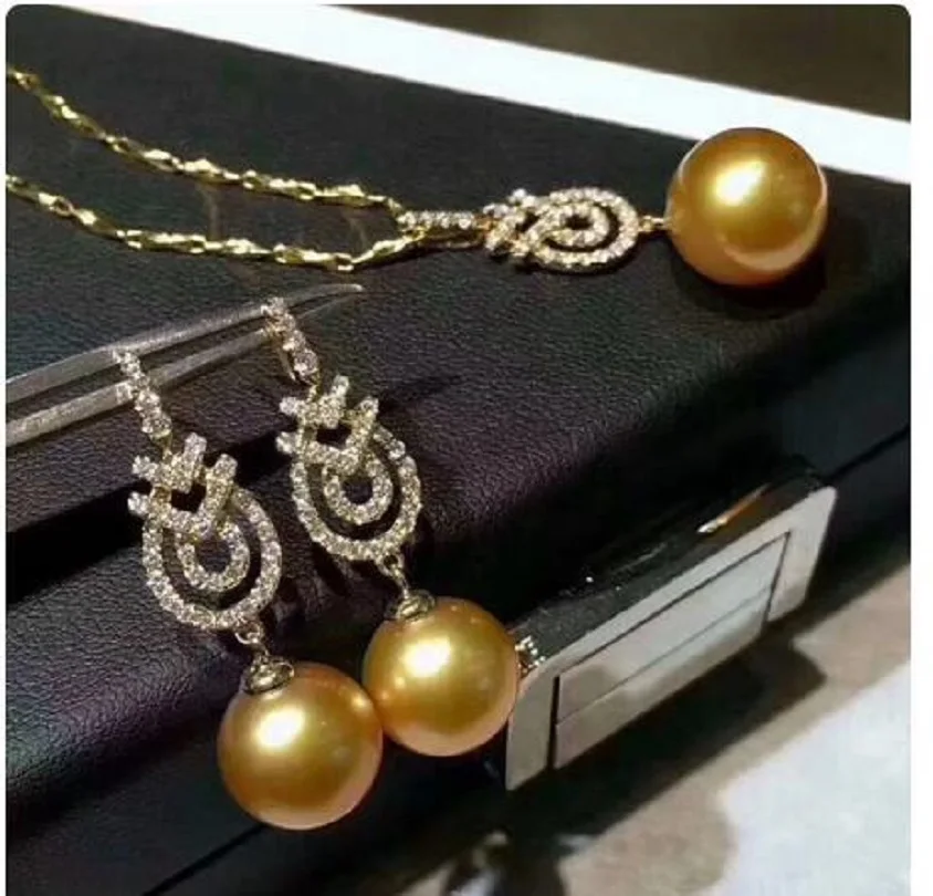 

Gorgeous AAAAA 10-11mm south sea Golden ROUND pearl pendant earring set 925s.