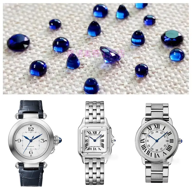 Фото Синий сапфировый круглый подходит для Cartier Crown Fit Ballon Bleu Pasha Panthere Santos Cle Ronde Maillon Drive Tortue Multiple №1