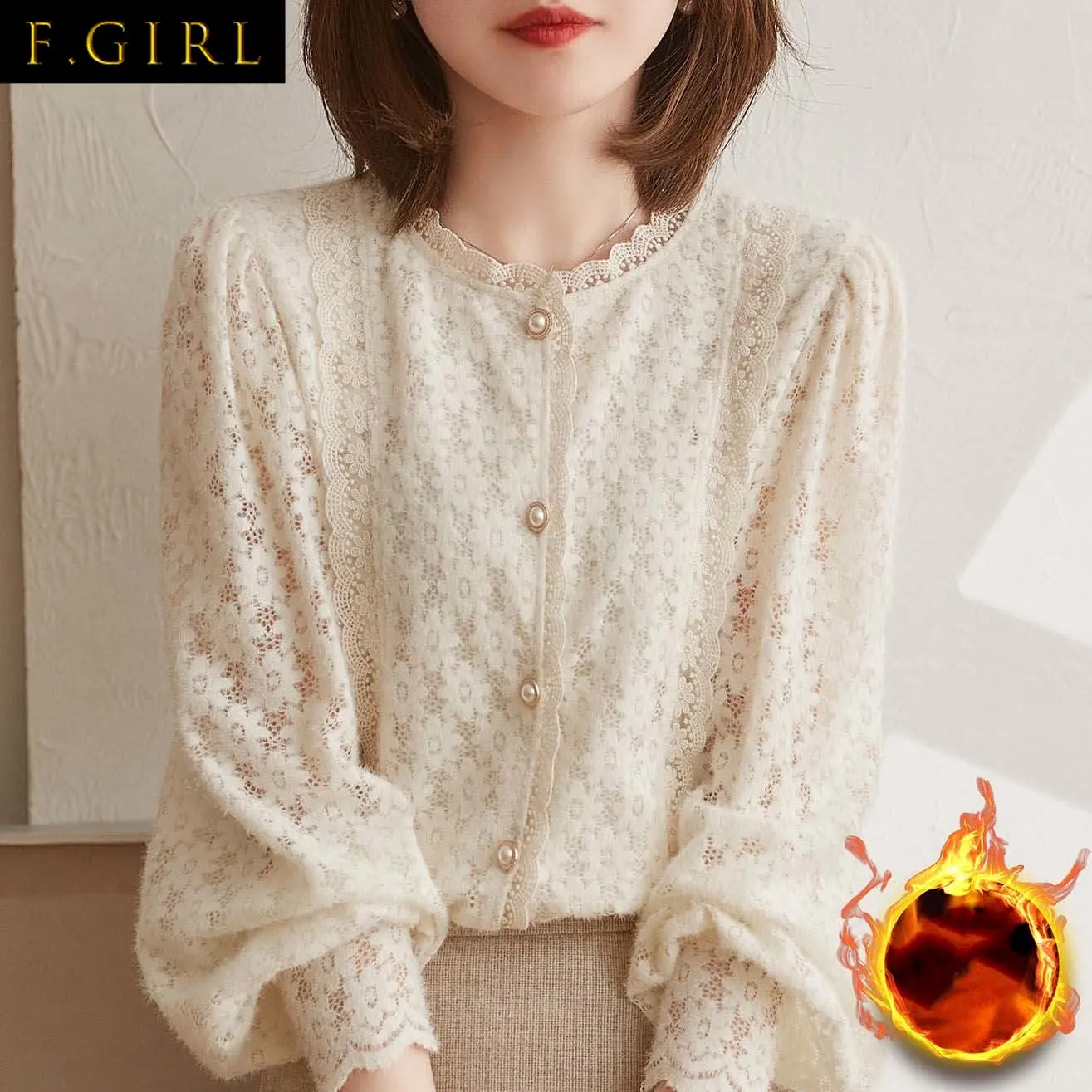 

F GIRLS Women Lace Shirts Hollow Out Thick Long Sleeve Button Tops Elegant Warm Bottoming Clothes OL Pearls Gentle O-neck Blouse