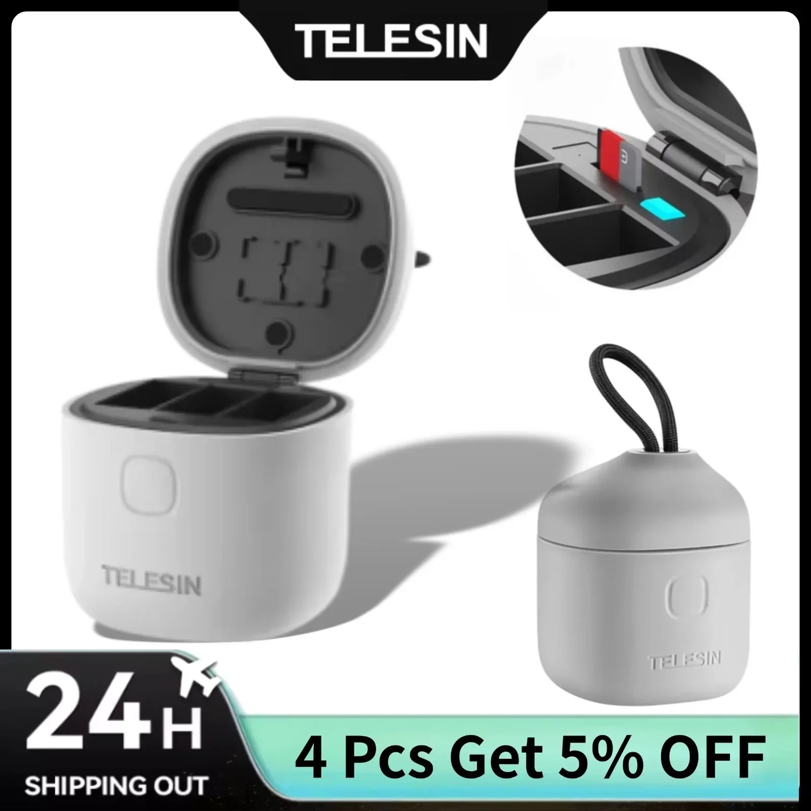 Фото TELESIN Коробка для быстрой зарядки со считывателем карт TF для Gopro Hero 12 11 10 9, черный, 3-слотовое зарядное устройство, аксессуары для экшн-камеры №1