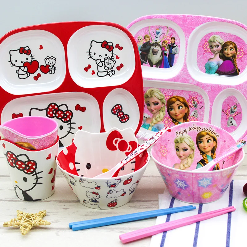 

5 Pcs/set Hello Kittys Children's Cutlery Set Anime Sanrioed Separate Compartment Plates Bowls Spoons Chopsticks Kids Tableware