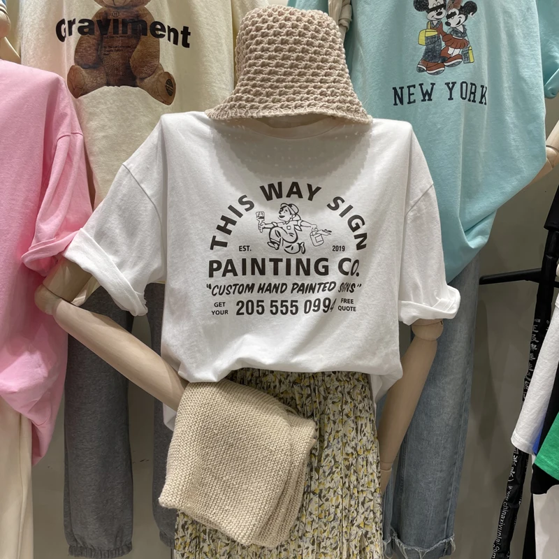 

Round neck lettered print versatile wash cotton short sleeve 2022 Korea dongdamen early spring new Korean loose T-shirt