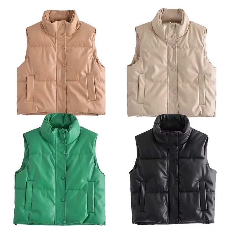 

Женский винтажный жилет SLTNX из искусственной кожи с подкладкой, с высоким воротником и карманами, женская верхняя одежда без рукавов