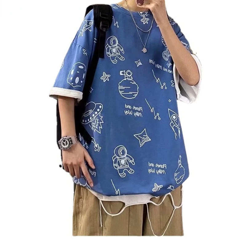 CnHnOH New Streetwear Summer Couple Tops Cartoon Spaceman Full Print T-shirt Short-sleeved Oversize Fashion Short-sleeved