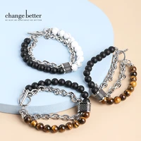 change better natural stone tiger eye layered bracelet for men stainless steel alloy chain homme lava stone bead rosary jewelry