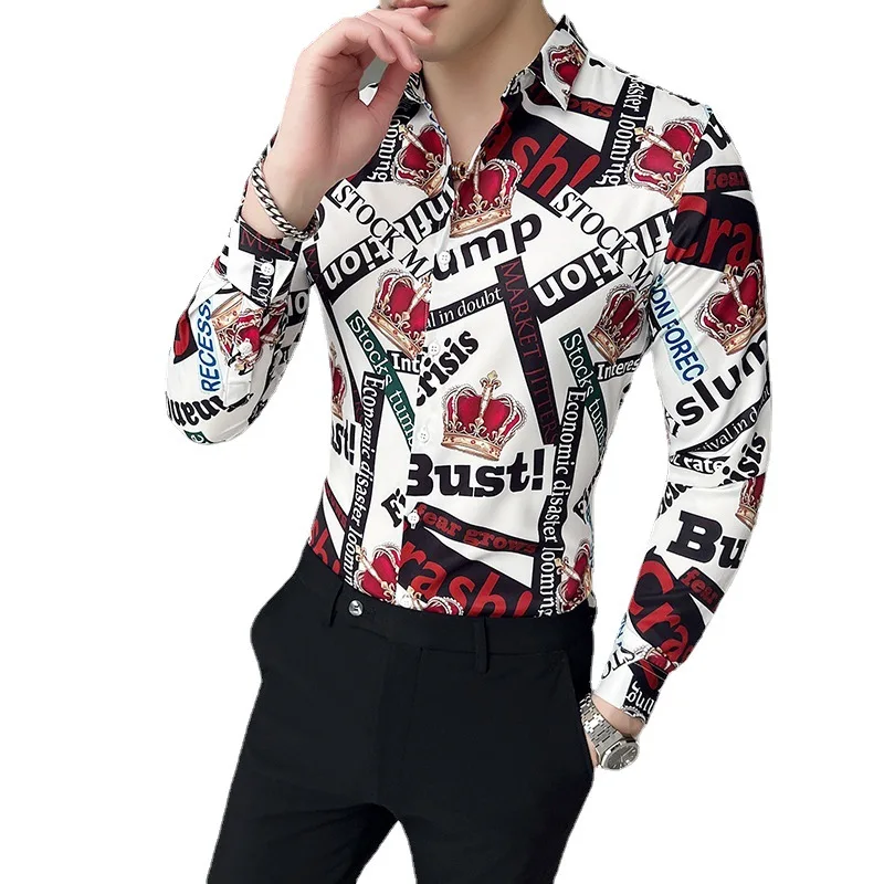 Luxury Printed Shirts for Men Long Sleeve Slim Casual Shirt British Style Business Formal Dress Shirt Social Party Tuxedo Blouse