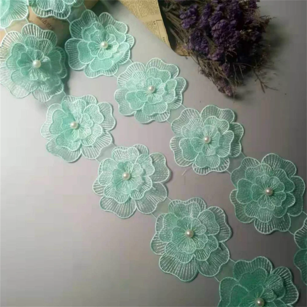 

1 yard Green Big Flower Pearl Beaded Embroidered Lace Trim Floral Applique Patches Fabric Sewing Vintage Wedding Dress 10cm