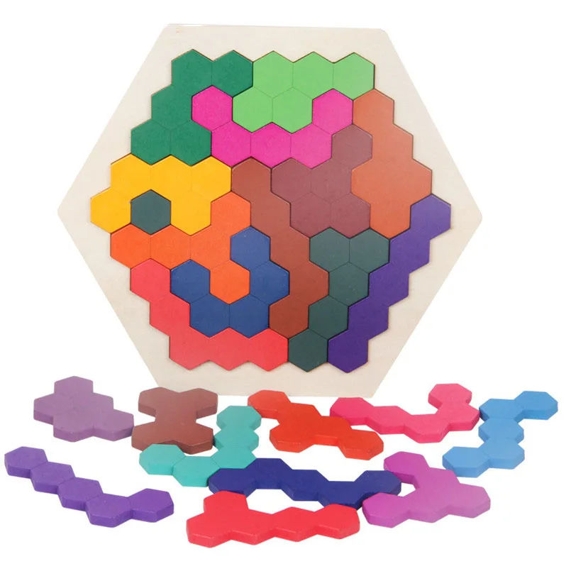 

Деревянные Геометрические Танграм головоломки обучения мозга IQ игры игрушки для детей шестиугольная логическая развивающая игрушка познание цвета