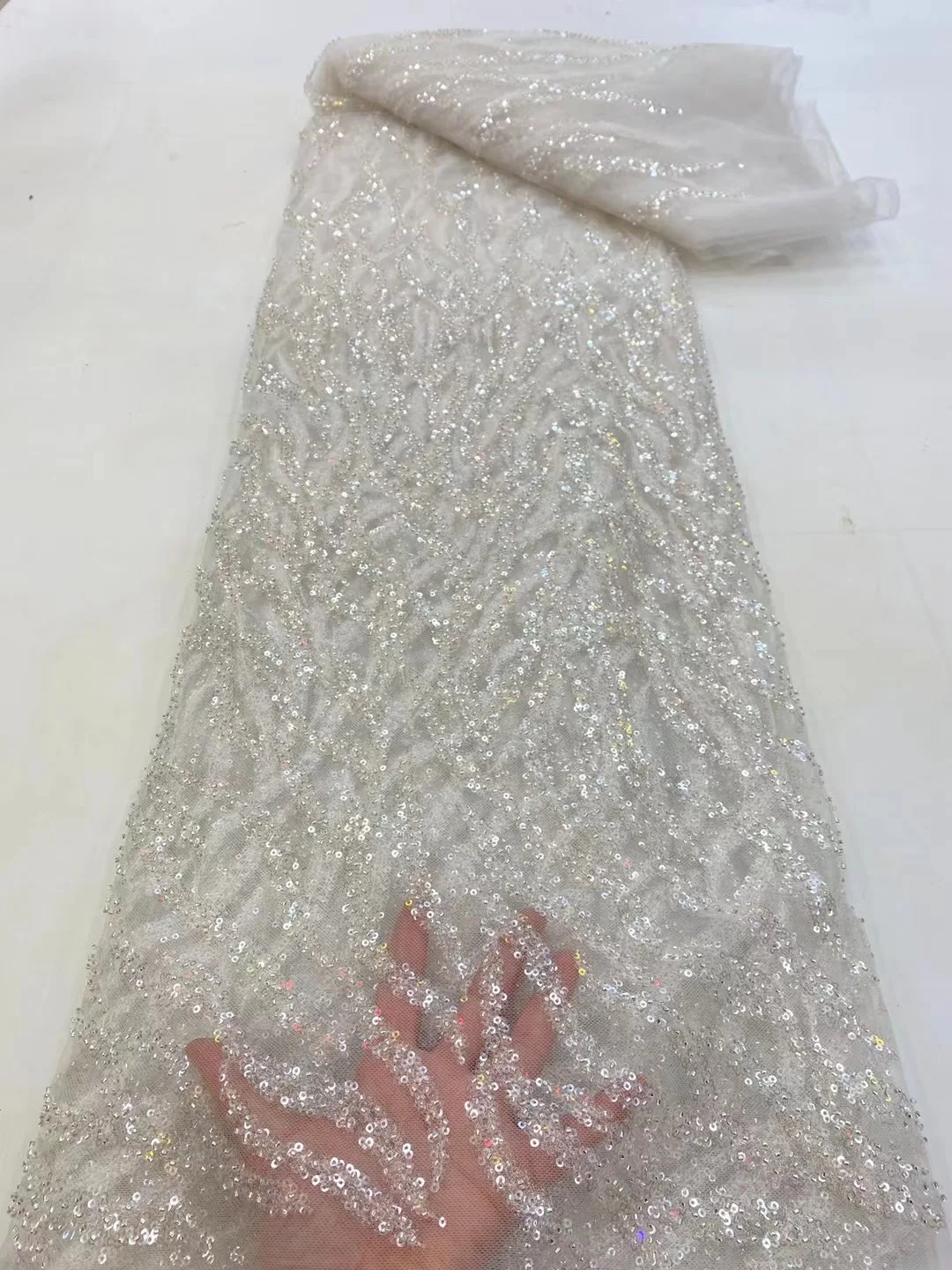 

French Fashion 5 Yards Fabric Wedding Birthday Party 2022 African Beaded White Lace Sequins Handmade Luxury Lace Tulle Fabric