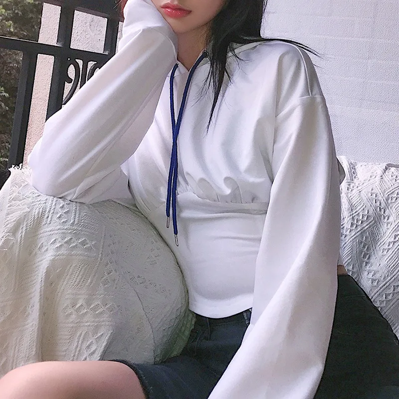 

Women Long Sleeve Drawstring New 2021 White Cropped Corset Hoodie Lace-up Streetwear Sweatshirt Top Korean Fashion Tops Harajuku