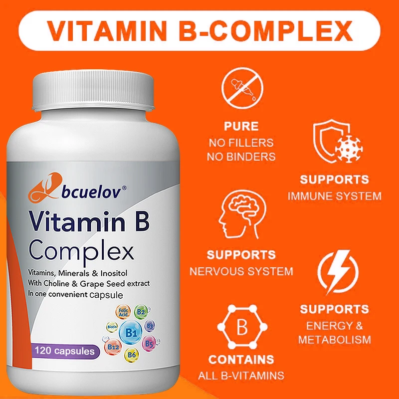 

B-комплекс в капсулах B12 B1 B2 B3 B5 B6 B7 B9 поддерживает улучшенную эмоциональную иммунную систему, здоровье нервной системы и энергетический метаболизм