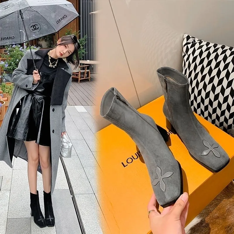 

High class short boots 2022 new sleeve square head fleece autumn and winter elastic thin boots versatile thick heel boots
