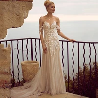 vintage wedding dress off the shoulder exquisite appliques v neck mopping tulle beach gown 2022 robe de mariee for women