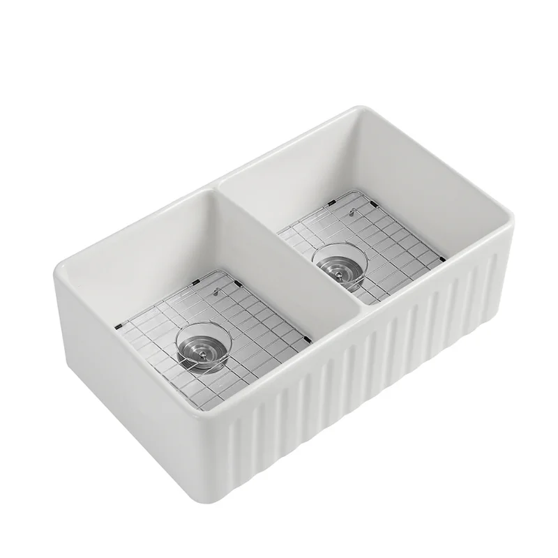 

Ireclay 33" L X 20" W Double Basin Farmhouse Kitchen Sink with Grid and Strainer White Fireclay [US Stock]