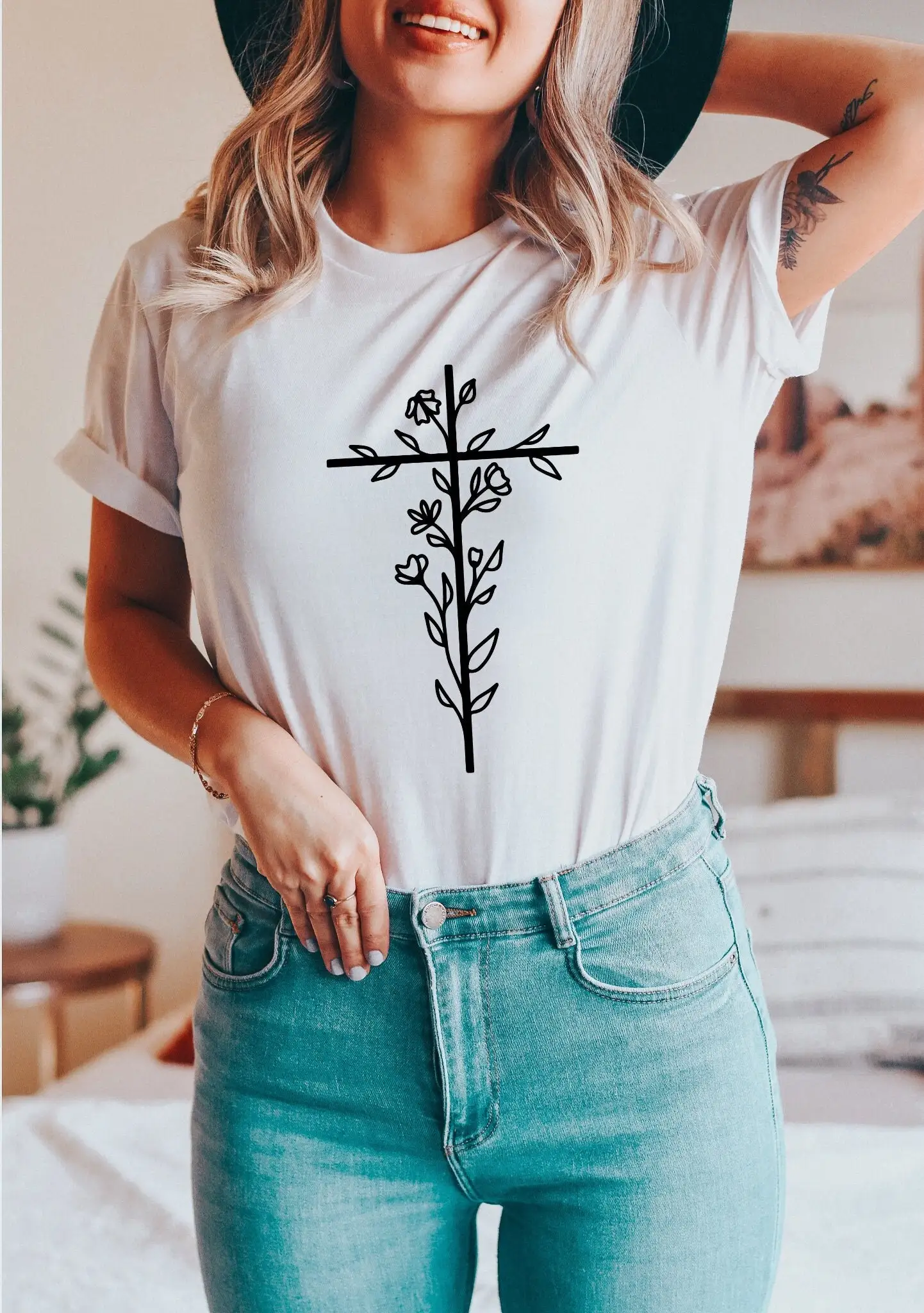 Футболка с цветочным принтом крест христианский Иисус цветок Христос