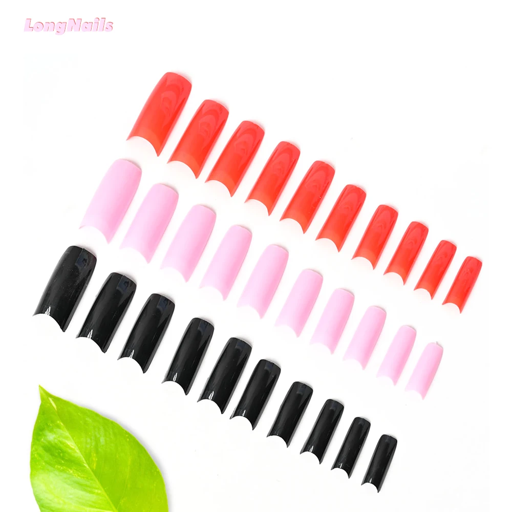 

0-9#*10pcs C Curved Princess Pink False Nail Finger Tips Half French Classic Black, Bright Red Long Square Press on Tips Nail 20