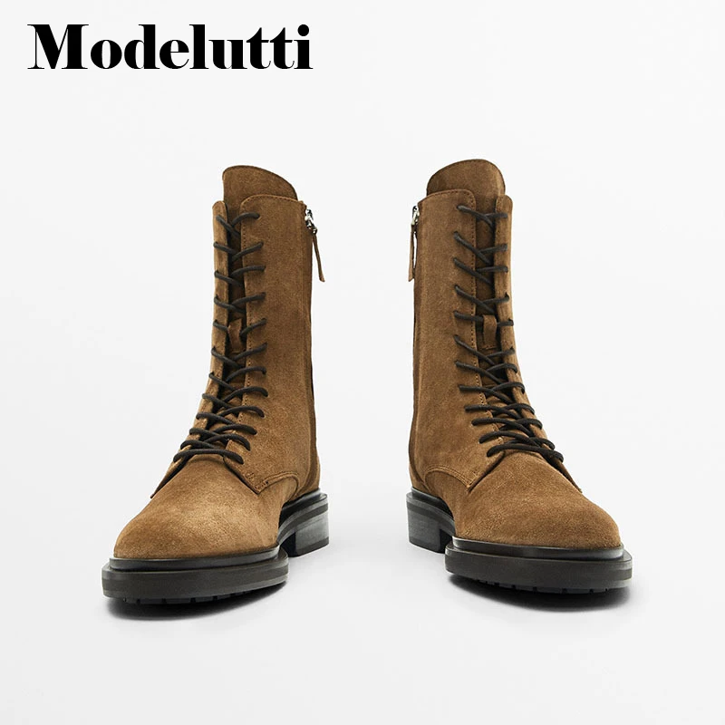 

Modelutti 2022 New Autumn Winter Women Fashion Genuine Leather Flat Lacing Side Zipper Short Martin Boots Simple Shoes Female