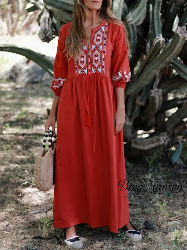 2022 Fashion Cotton Linen Spring Summer Boho Vacation Dress Pattern Embroidery A Neck Red Tie Ruffle Sleeve Dress Factory Outlet