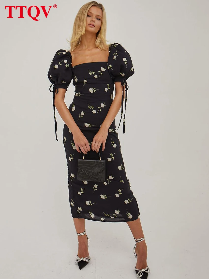 

TTQV Elegant Black Print Women'S Dress Fashion Square Neck Slim Lace-Up Dresses Streetwear Autumn Casual Straight Mid-Calf Dress