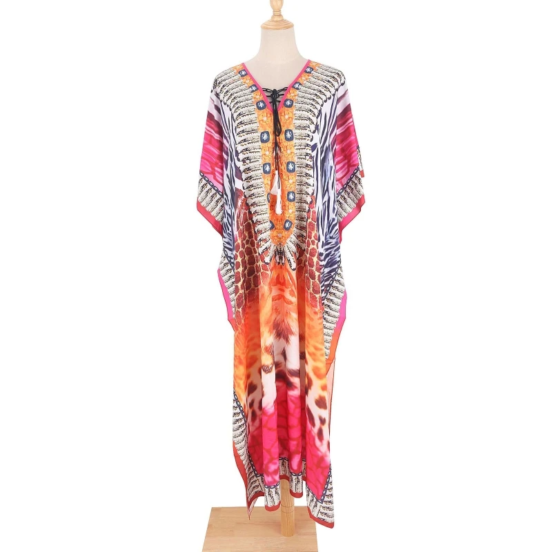 

A2UF Women Beach Maxi Long Dress Ethnic Leopard Snakeskin Gradient Print Turkish Kaftan Robe V-Neck Lace-Up Tassels Swimsuit Up