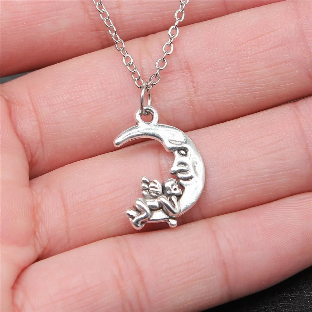 

Прямая поставка, античный серебряный цвет, 22x16 мм, луна е кольцо с ангелом, короткая цепочка, чокер, ожерелья