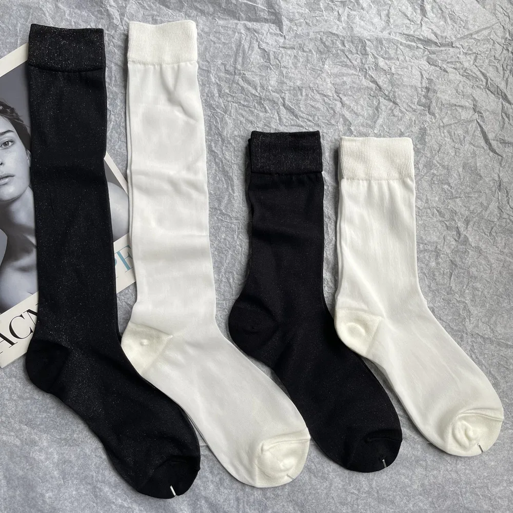 

High Quality Comfortable Summer Ultrathin Shimmer Effect Golden Silk Woman Cotton Socks Mid-Tube High Tube Solid Color Stockings