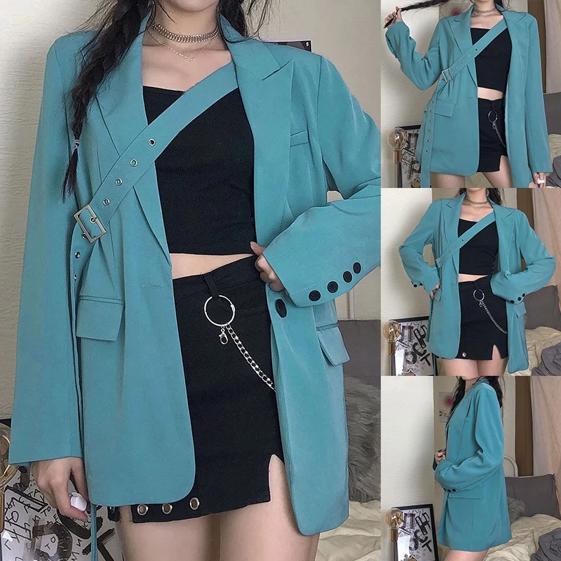 

Fashion Korean Solid Long Basic Jacket Buttons Loose Elegant Autumn Winter Coat Female Jackets With Belt Outwear