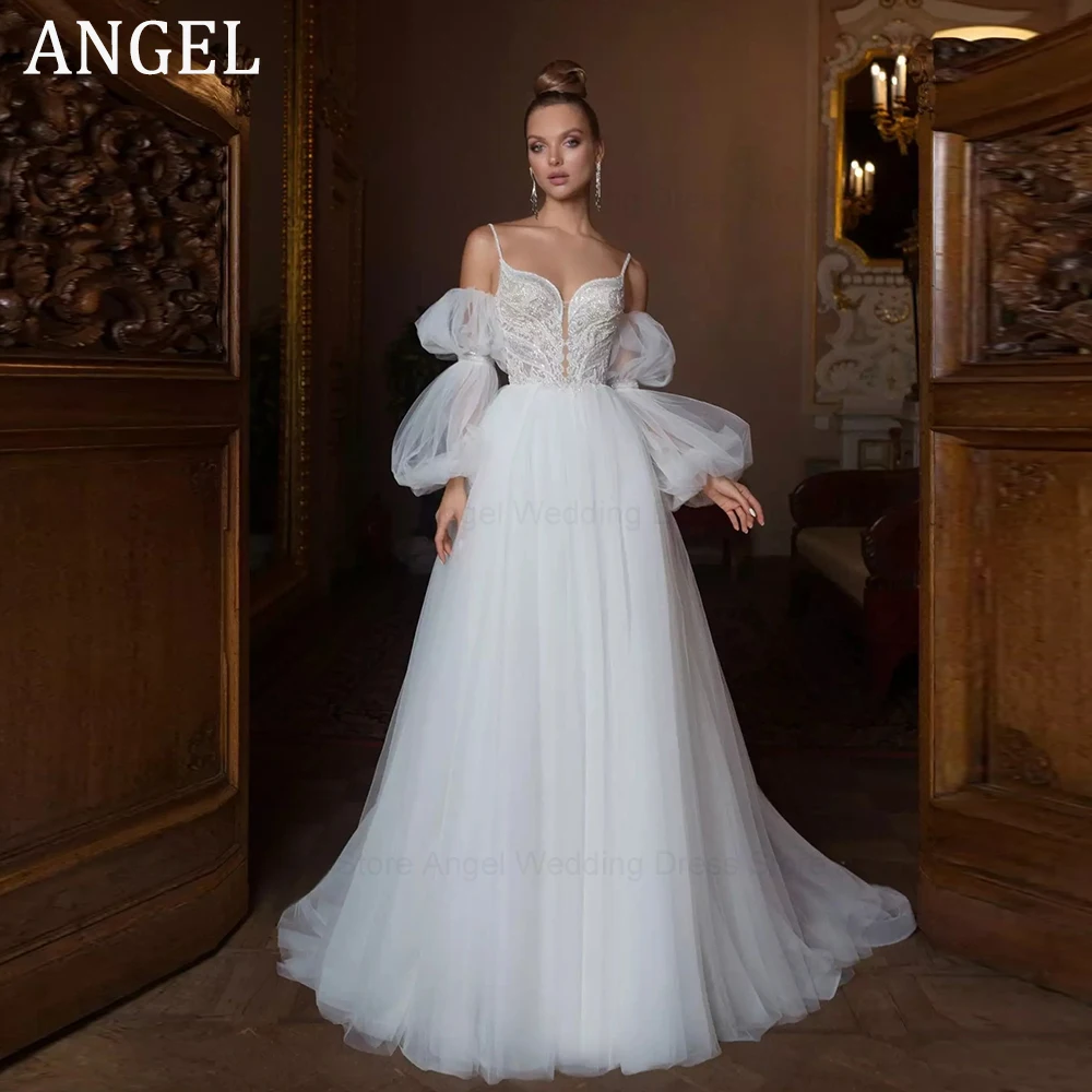 Фото Белое Тюлевое свадебное платье с а-силуэтом ANGEL Princess, свадебное платье в стиле бохо с длинными рукавами-фонариками, свадебная одежда на бретелях-спагетти для невесты №2