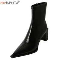 modern ankle boots women luxury 7 5cm high heels booties genuine leather zipper pointed toe autumn shoes