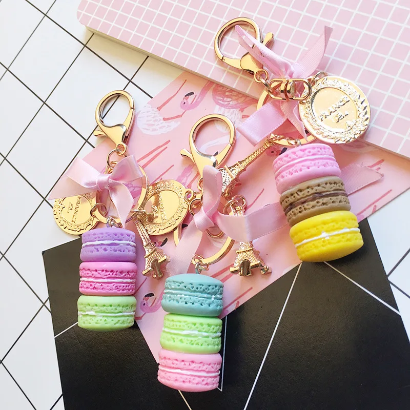 

New Cake Key chain fashion car Key Ring Women bag charm accessories France Cake Macarons with Eiffel Tower Keychain gift Jewelry