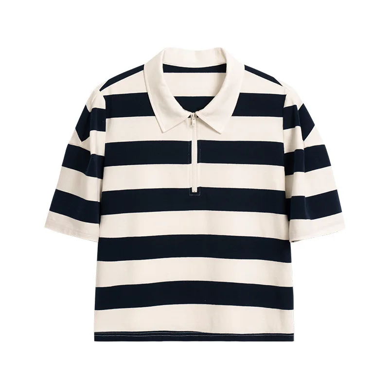 

Polo Collar Stripe T-shirt For Women 2022 Summer Korean Edition Loose Casual College Style Short Sleeves