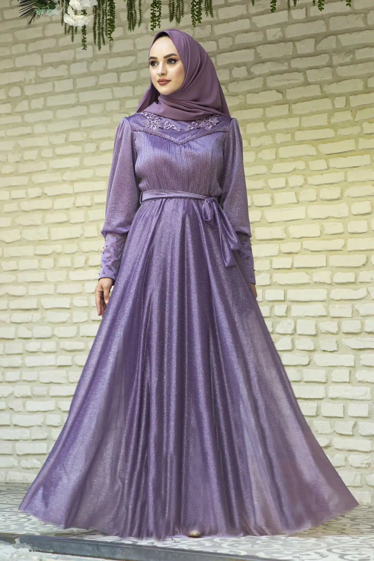 Filet lace Detaylı Silvery Chiffon Hijab Evening Dress Lavender