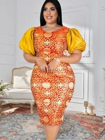 orange puff sleeve dresses floral printed retro o necnk short sleeve sexy bodycon cocktail birthday party african gowns outfits