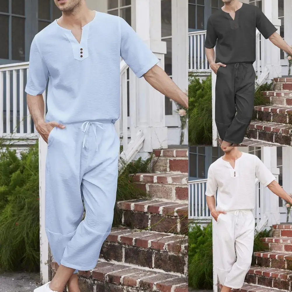 

Linen Short-sleeved T-shirt + Shorts 2Pcs Men Cotton Linen Causals Suit For Male Summer Spring Autumn