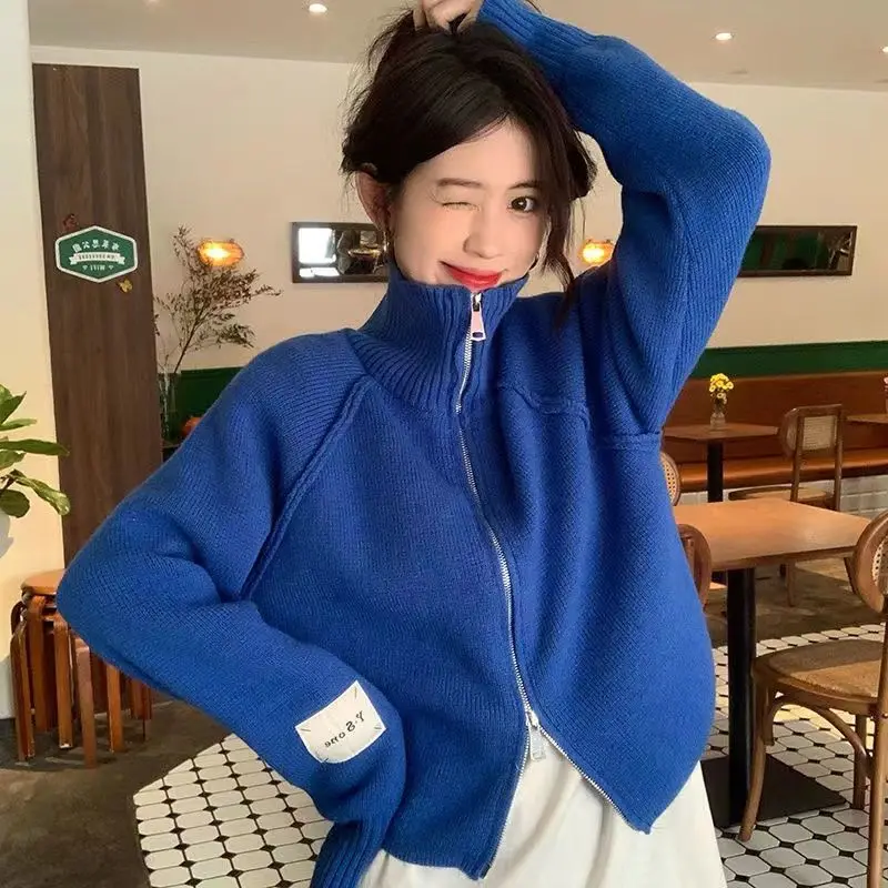 

Turtleneck cardigan sweater coat women autumn and winter 2022 new loose and thin long sleeve solid casual short knitted cardigan