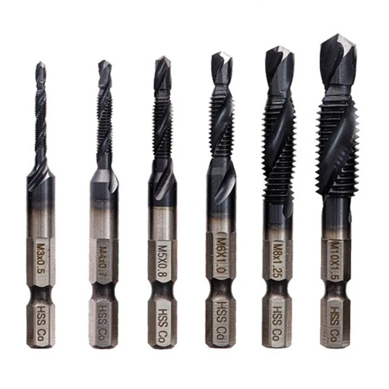 

6PCS M3-M10 Screw Tap Drill Bits HRC89 Titanium-Coated HSS-CO M35 Cobalt Taps Metric Combination Bit 1/4Inch Hex