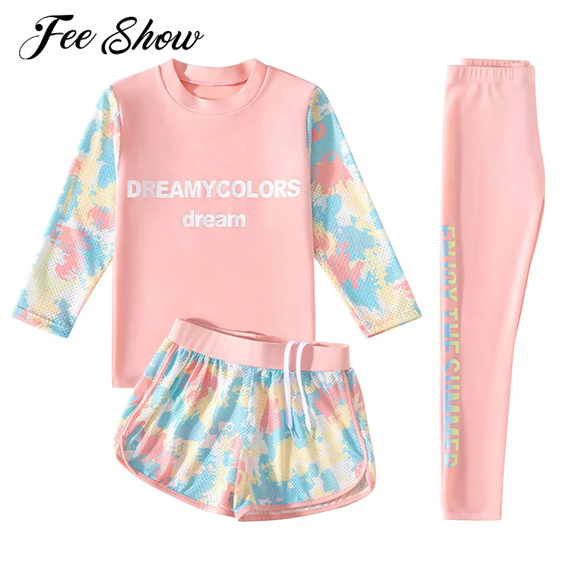3Pcs Kids Girls Colorful Print Swimsuit Swimwear Long Sleeve Top+Shorts with Pants Set Sun Protection Rash Guard Swimming Outfit