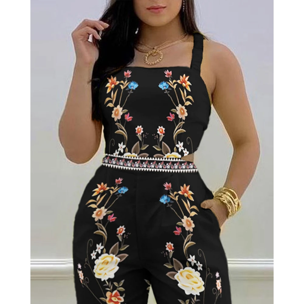 Sexy Women Floral Print Crisscross Tied Detail Backless Jumpsuit Summer Casual Thick Strap Square Neck Femme Robe Lady Outfits
