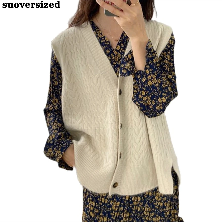 

Spring V-neck Casual Loose Women Sweater Vest Vintage Knitted Top Gilet Korean Basic Solid Sleeveless Jacket Preppy Waistcoat