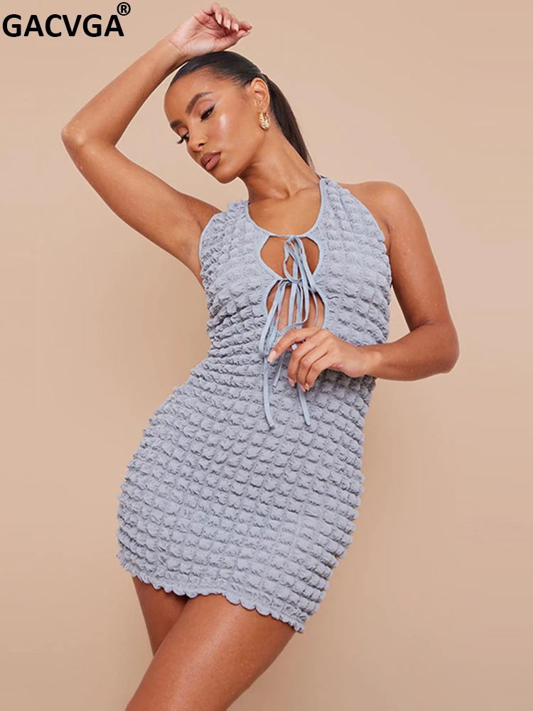 

GACVGA 2022 New Summer Sexy Bodycon Dress for Women Halter Casual Party Slim Bandage Mini Dress Vestidos
