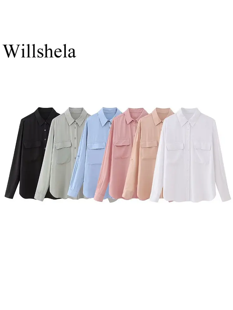 

Willshela Женская мода с карманами однотонная однобортная блузка в винтажном стиле с отворотом и длинными рукавами женская шикарная рубашка
