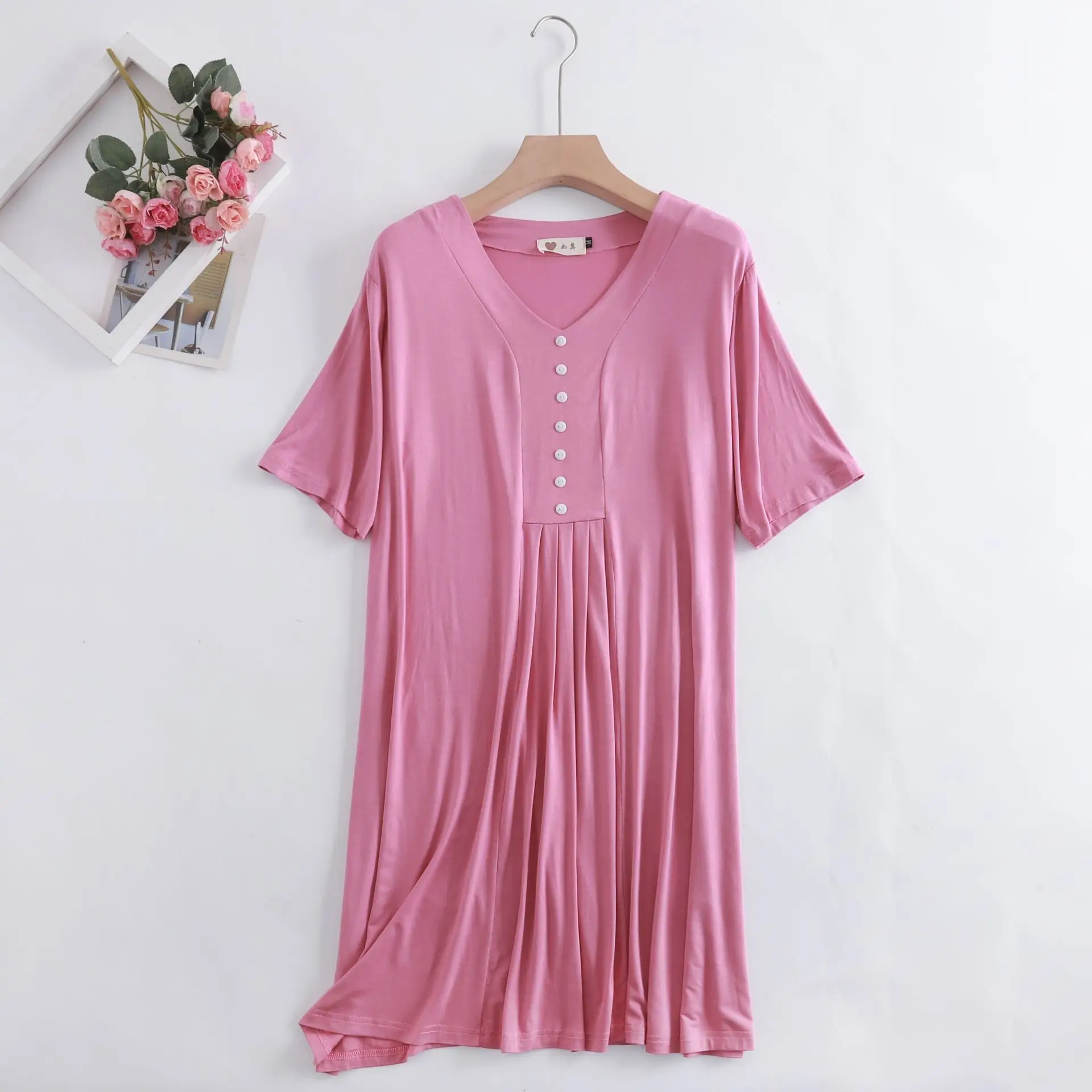Fdfklak Modal Nightgown Sleep Lounge Women Button Design Summer Loose Homewear Short Sleeve Nightdress Soft Casual Sleepwear