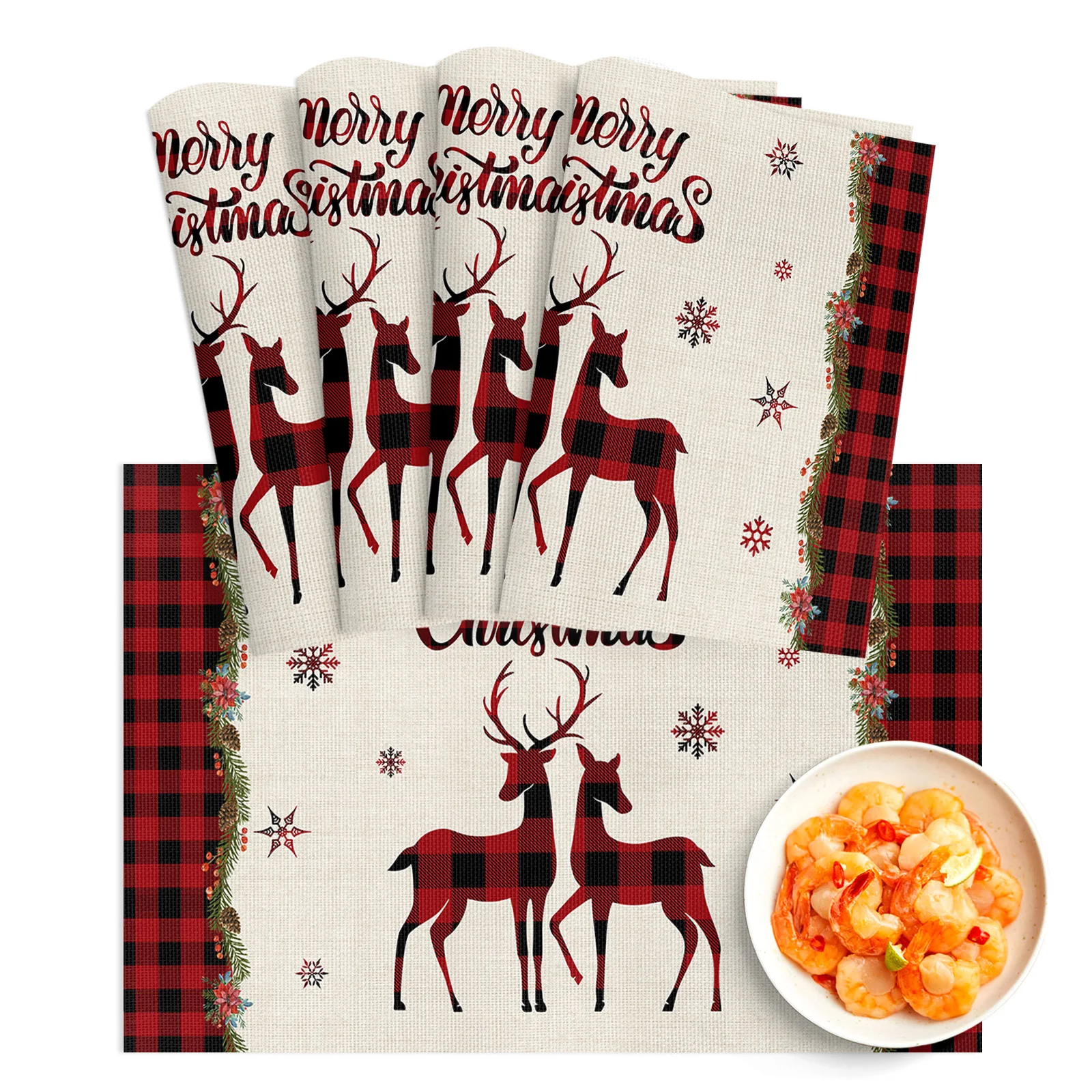 

4/6pcs Placemat Christmas Snowflake Elk Red Plaid Restaurant Kitchen Accessories PVC Dining Table Mats Disc Bowl Coaster Pad
