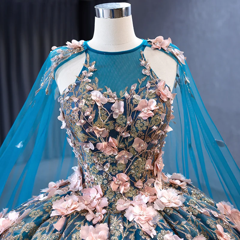 Gorgeous Quinceanera Dresses Ball Gown Flowers High Neck Vestidos De 15 Años 2023 Blue RSM231053 Vestido De Niña De Las Flores 5