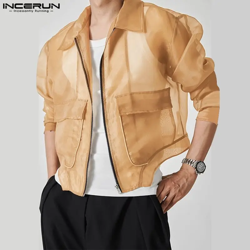 

INCERUN Men Irregular Jackets Mesh Transparent Solid Zipper Lapel Long Sleeve Crop Coats Men Streetwear 2023 Stylish Jackets