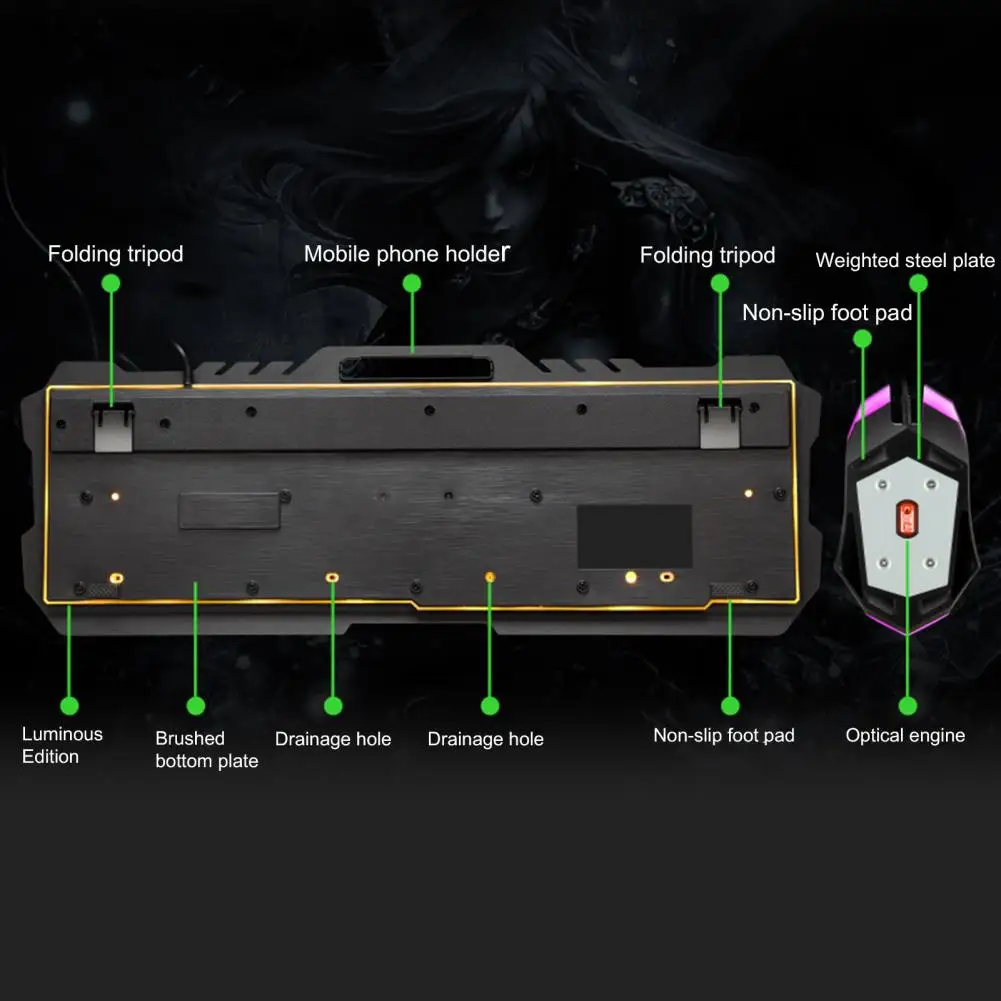 T21 Клавиатура с металлическим механическим набором с проводной RGB-подсветкой и LED-курсорной мышью для игр через USB.