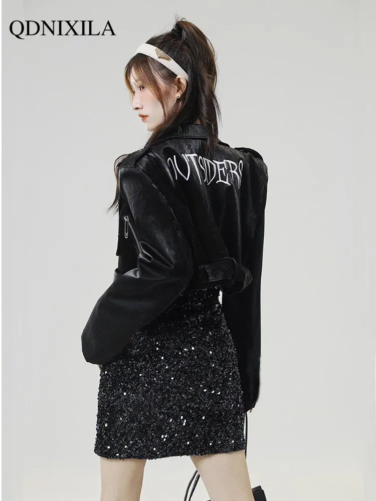 Women's Moto Biker Zipper Jacket Y2k Street Spicy Girl PU Leather Jacket Short 2023 Spring Jacket Women New Outerwear Top Women