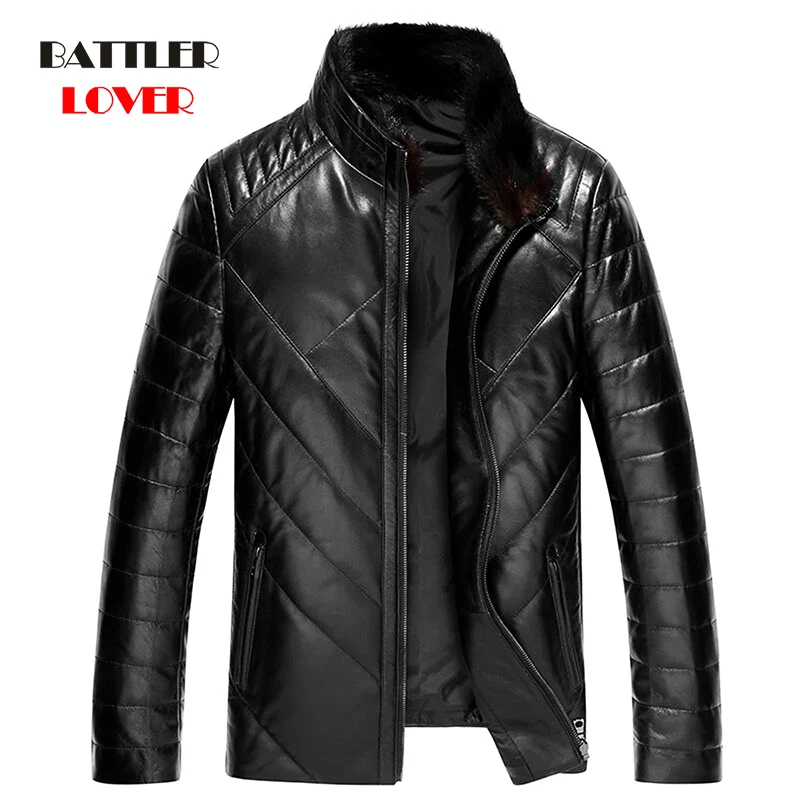 Winter White Duck Down Jackets For Men 2022 Real Mink Fur Collar Genuine Sheepskin Leather Coats Male 100% Down Leather Clothing