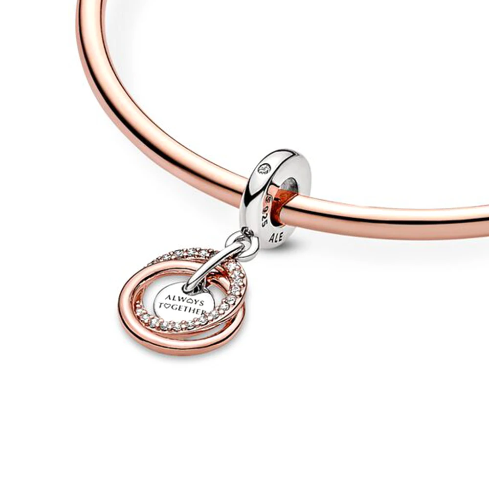 Pandora-Double Halo Coussins Dangle Charm for Women, Always Encercled Family, Rotterdam Kling, DIY Executive Bracelets Gifts, Mother's Day