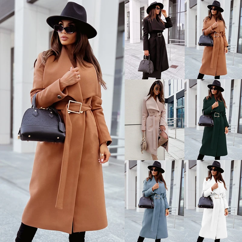 

Женское шерстяное пальто с поясом, свободное повседневное пальто с длинным рукавом и отложным воротником, верхняя одежда на осень и зиму